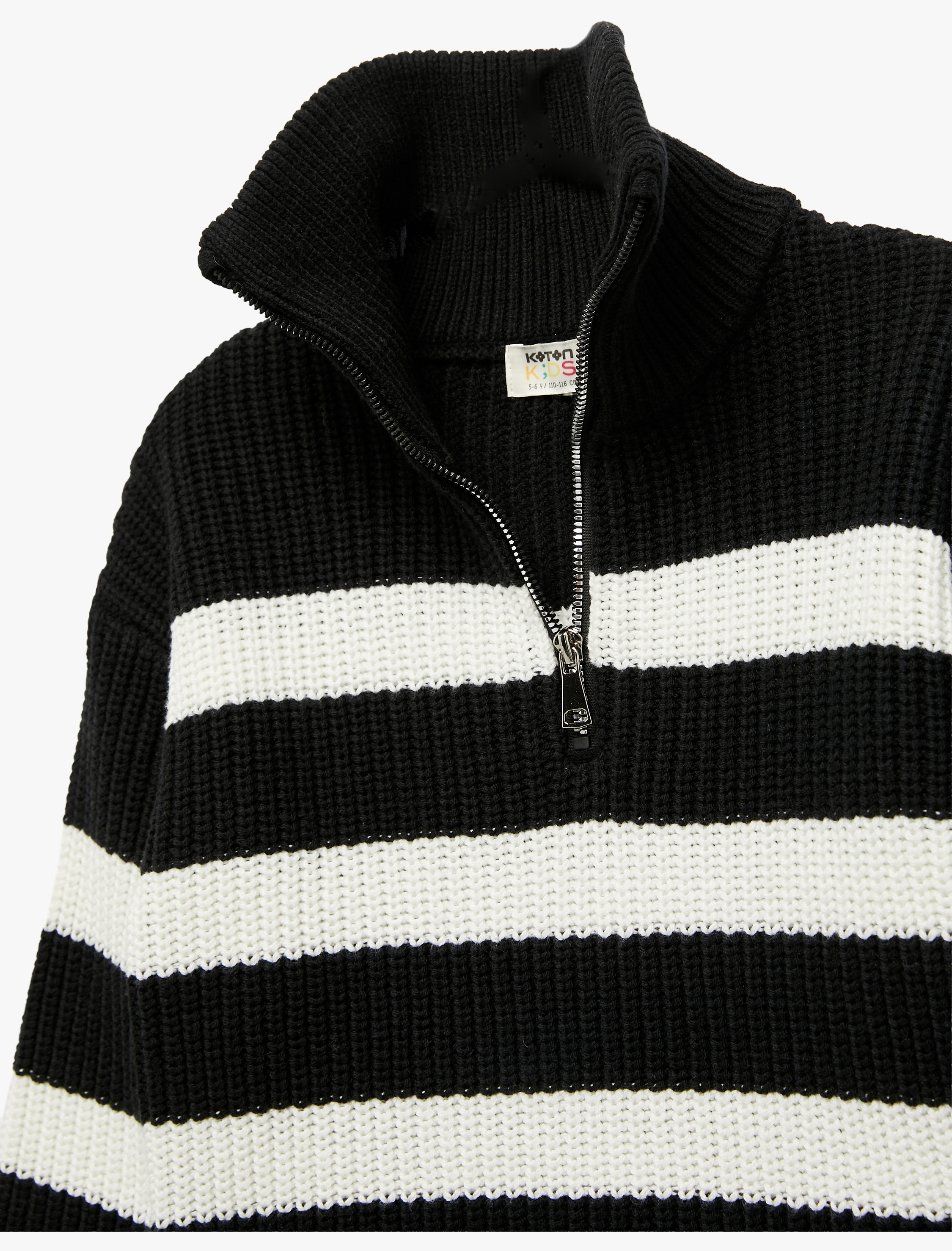  Kız Çocuk Yarım Fermuarlı Balıkçı Yaka Uzun Kollu Çizgili Triko Kazak