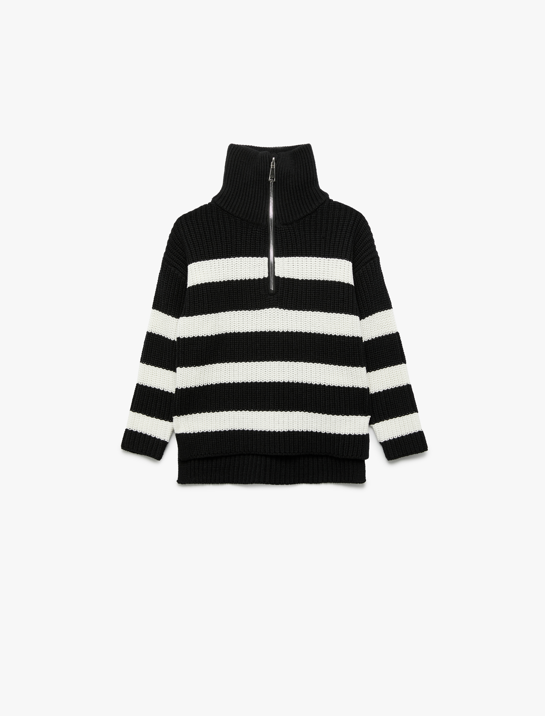  Kız Çocuk Yarım Fermuarlı Balıkçı Yaka Uzun Kollu Çizgili Triko Kazak