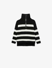 Yarım Fermuarlı Balıkçı Yaka Uzun Kollu Çizgili Triko Kazak