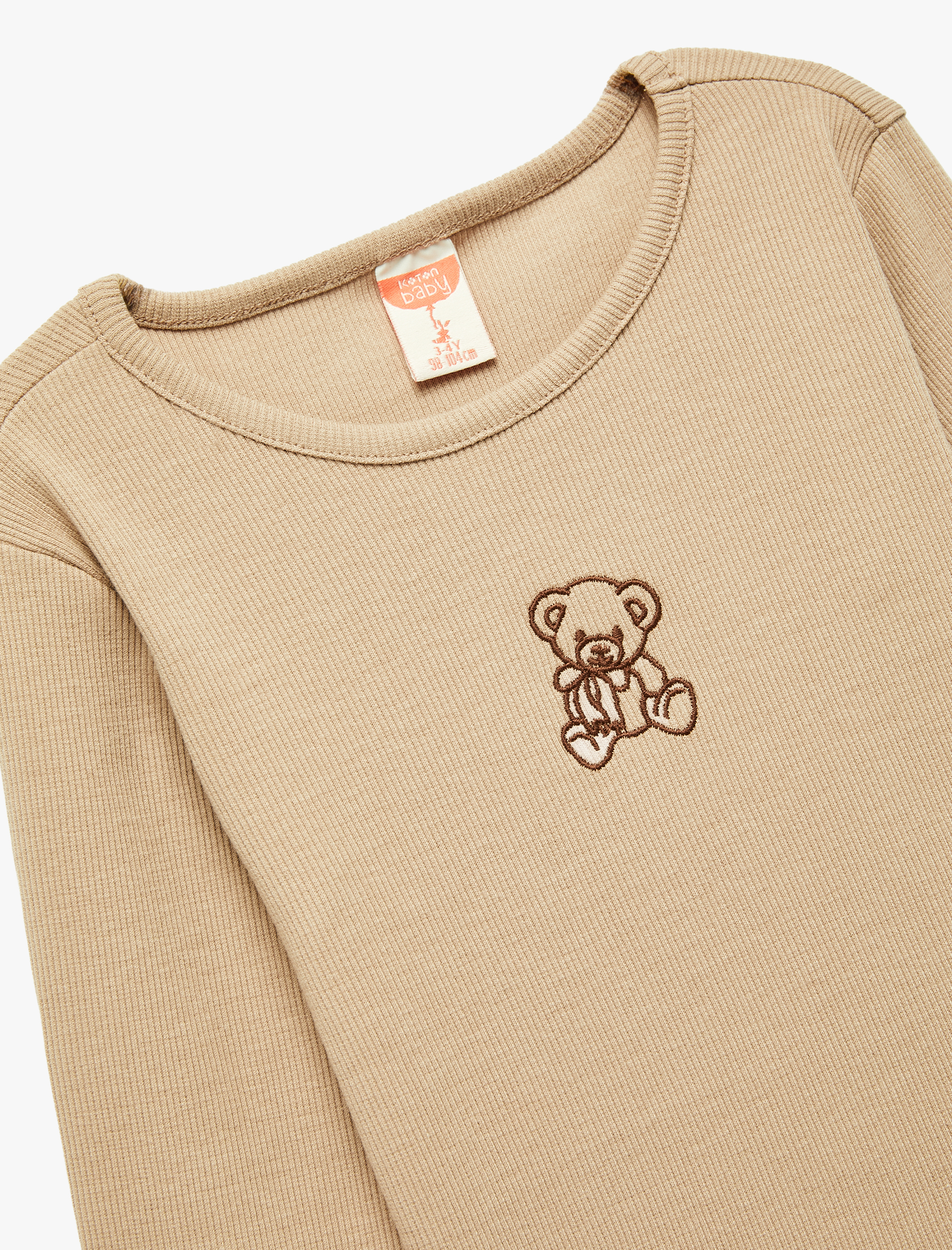  Kız Bebek Ayıcık Nakışlı Uzun Kollu Bisiklet Yaka Pamuklu Tişört