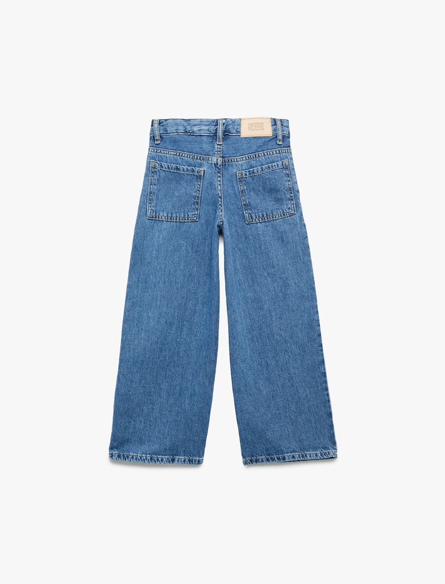  Kız Çocuk Pamuklu Cepli Geniş Paça Denim Pantolon
