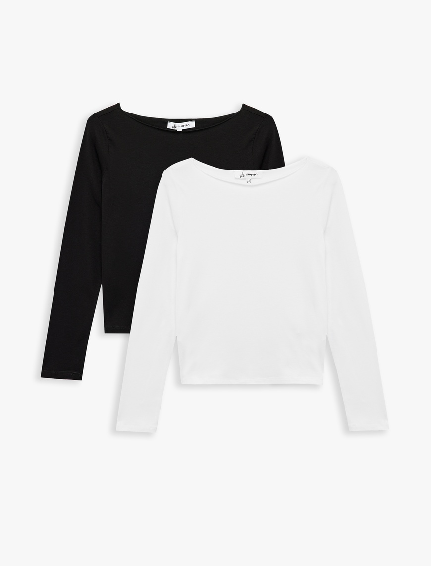   Slim Fit Uzun Kollu Kayık Yaka Pamuklu 2'li Tişört Seti