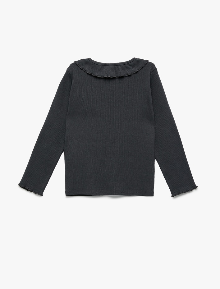 Kız Bebek Fırfır Detaylı Uzun Kollu Bisiklet Yaka Pamuklu Tişört