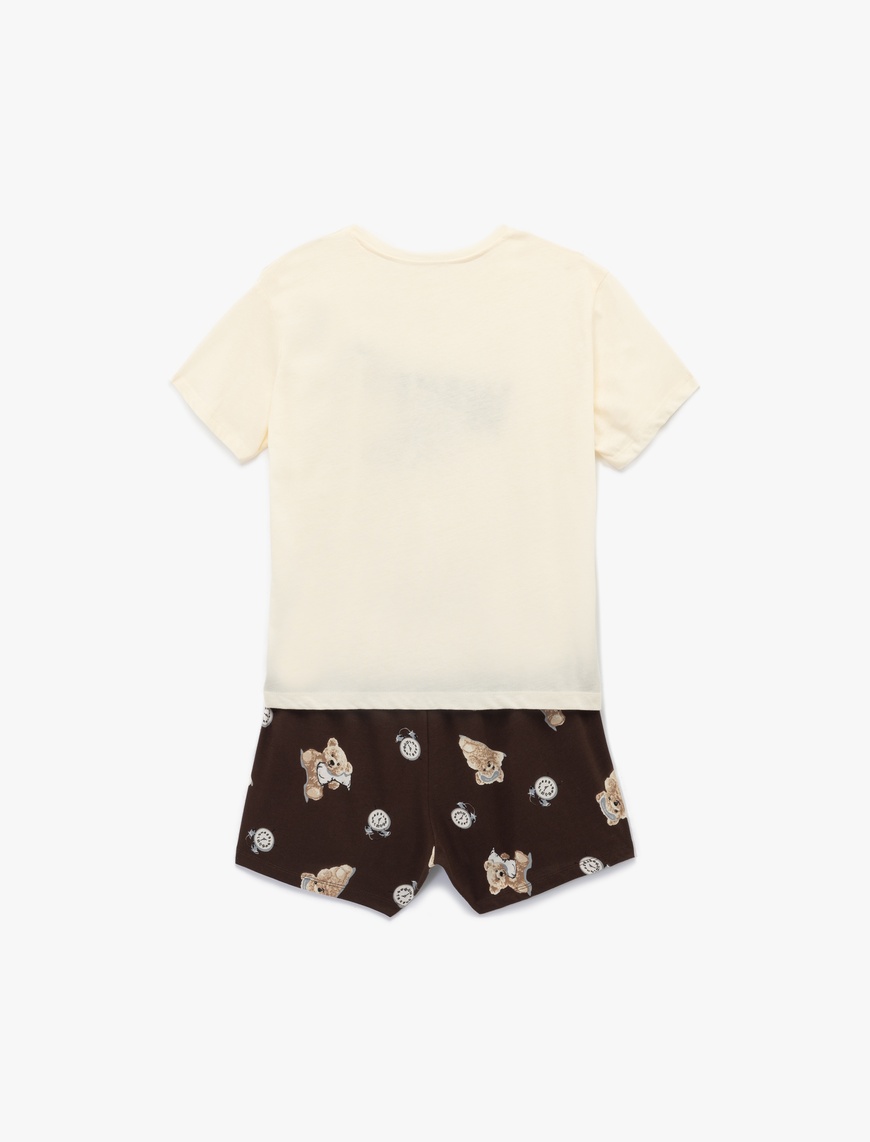   Pamuklu Kısa Kollu Ayıcık Baskılı Şortlu Pijama Takımı