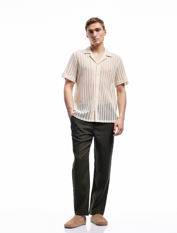Beli Bağcıklı Düğmeli Cep Detaylı Keten Chino Yazlık Pantolon_1