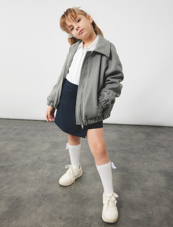 Kız Çocuk Gömlek Yaka Uzun Kollu Cepli Fermuarlı Crop Ceket