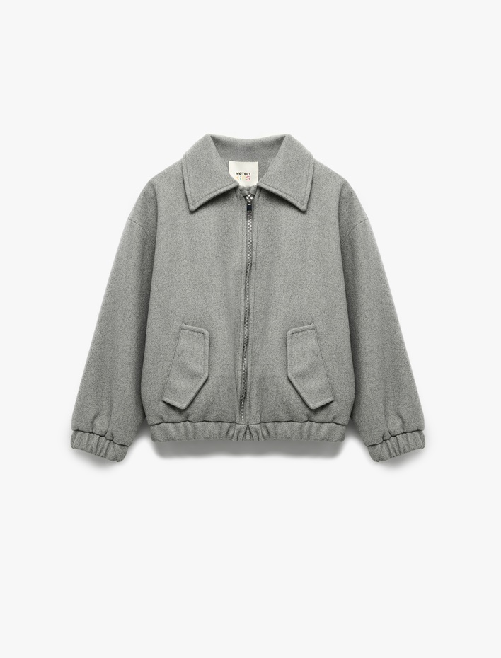 Kız Çocuk Gömlek Yaka Uzun Kollu Cepli Fermuarlı Crop Ceket