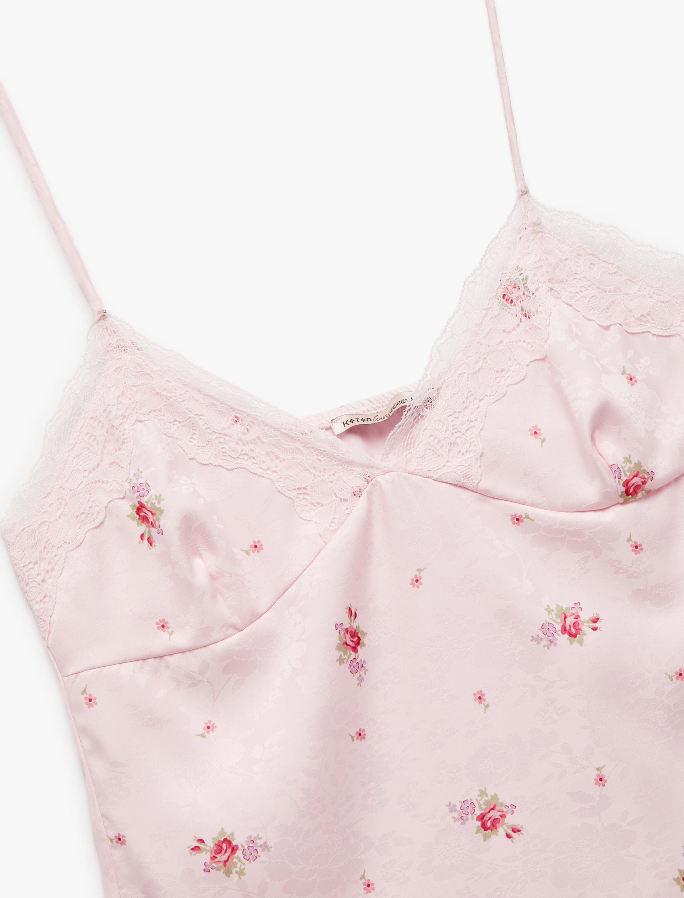   Dantel Detaylı İnce Askılı Çiçekli Saten Mini Gecelik