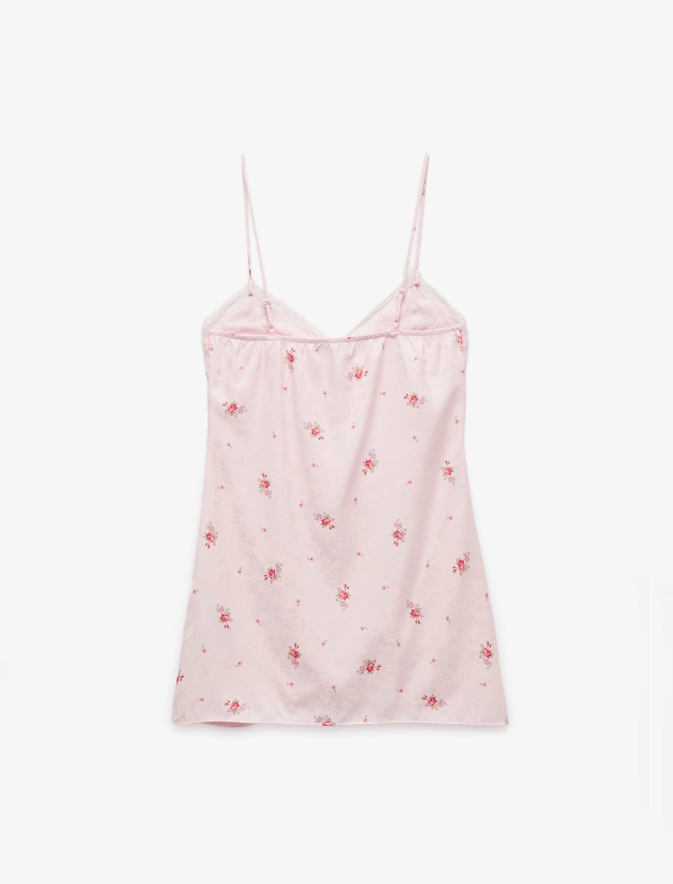   Dantel Detaylı İnce Askılı Çiçekli Saten Mini Gecelik