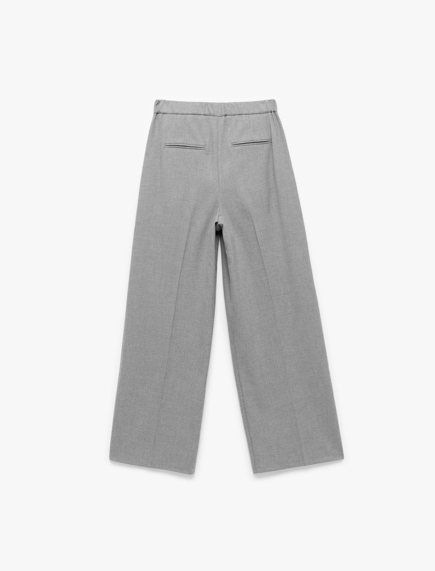   Cepli Pile Detaylı Yüksek Bel Geniş Paça Baggy Kumaş Pantolon
