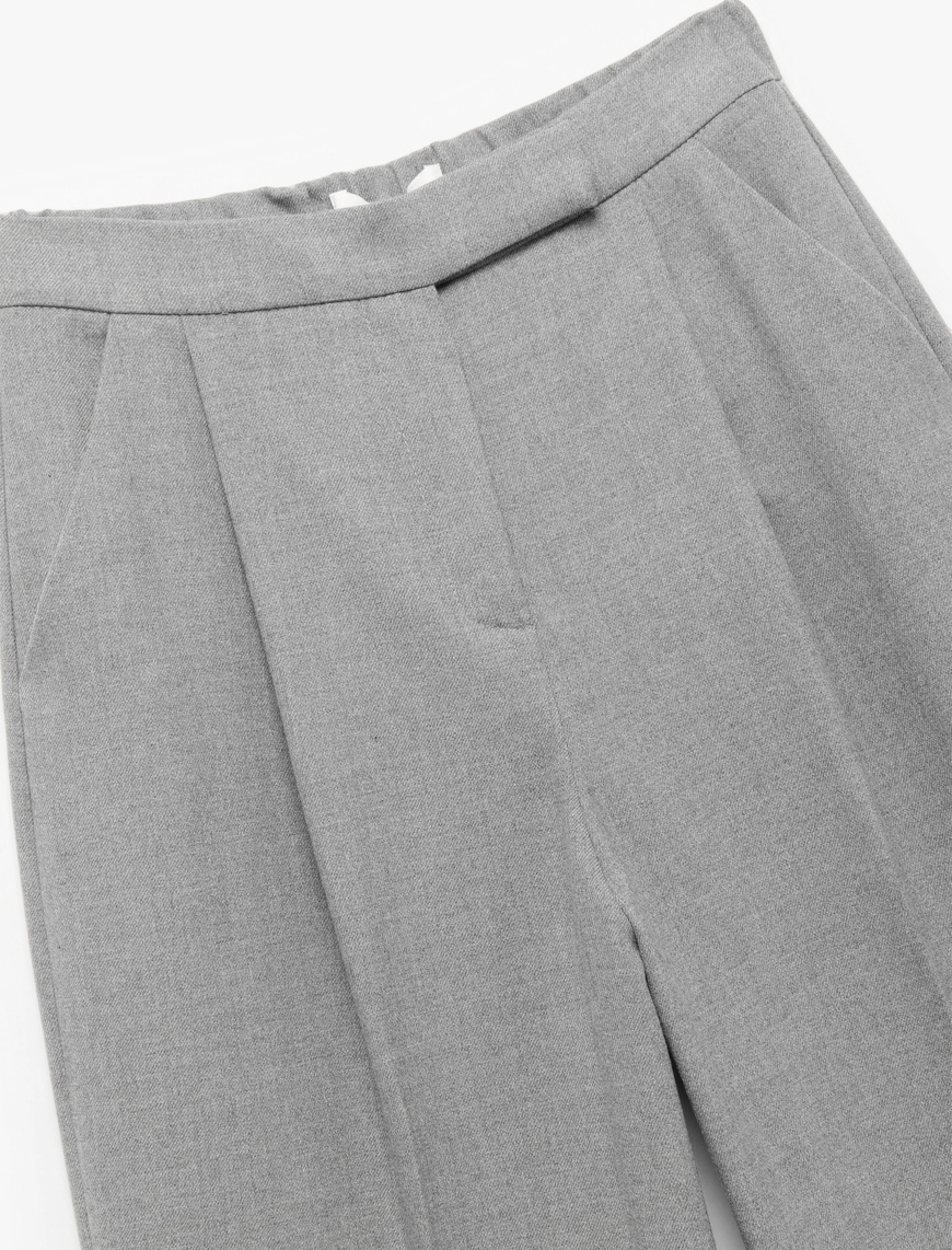   Cepli Pile Detaylı Yüksek Bel Geniş Paça Baggy Kumaş Pantolon