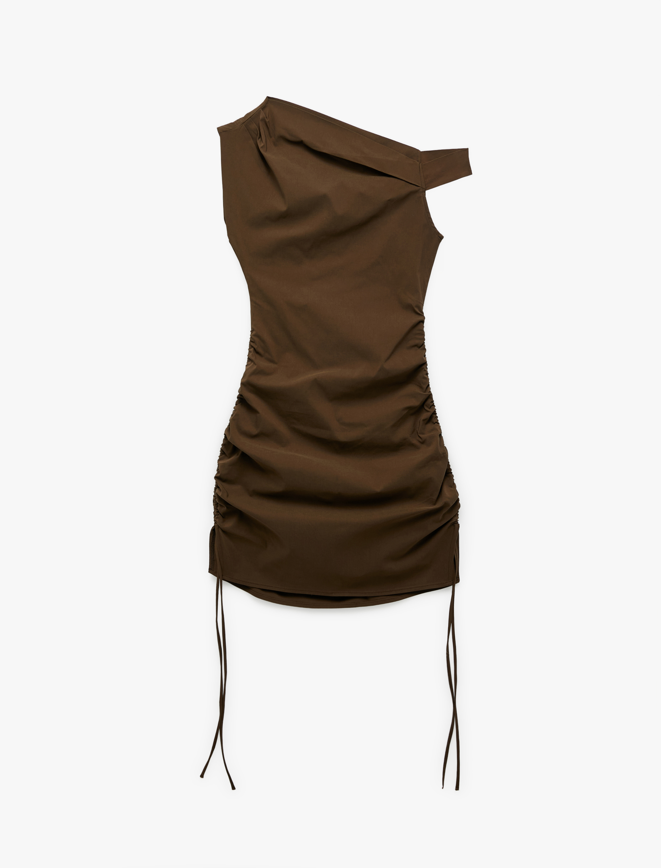 Yanları Büzgülü Drapeli Asimetrik Yaka Omzu Açık Mini Elbise