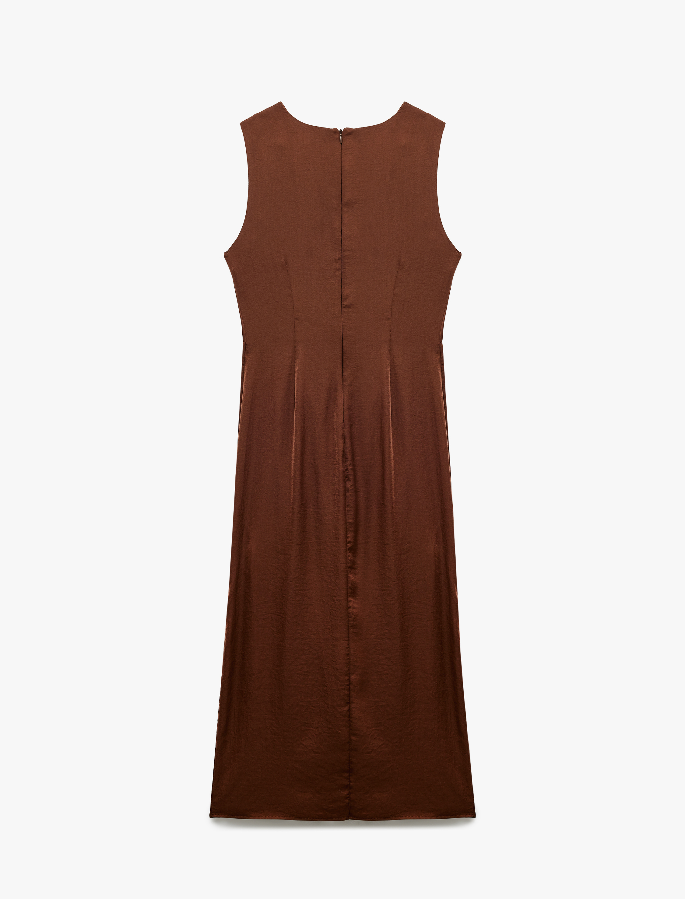   Aerobin Kumaş Kolsuz Bisiklet Yaka Aksesuar Detaylı Drapeli Midi Boy Saten Elbise