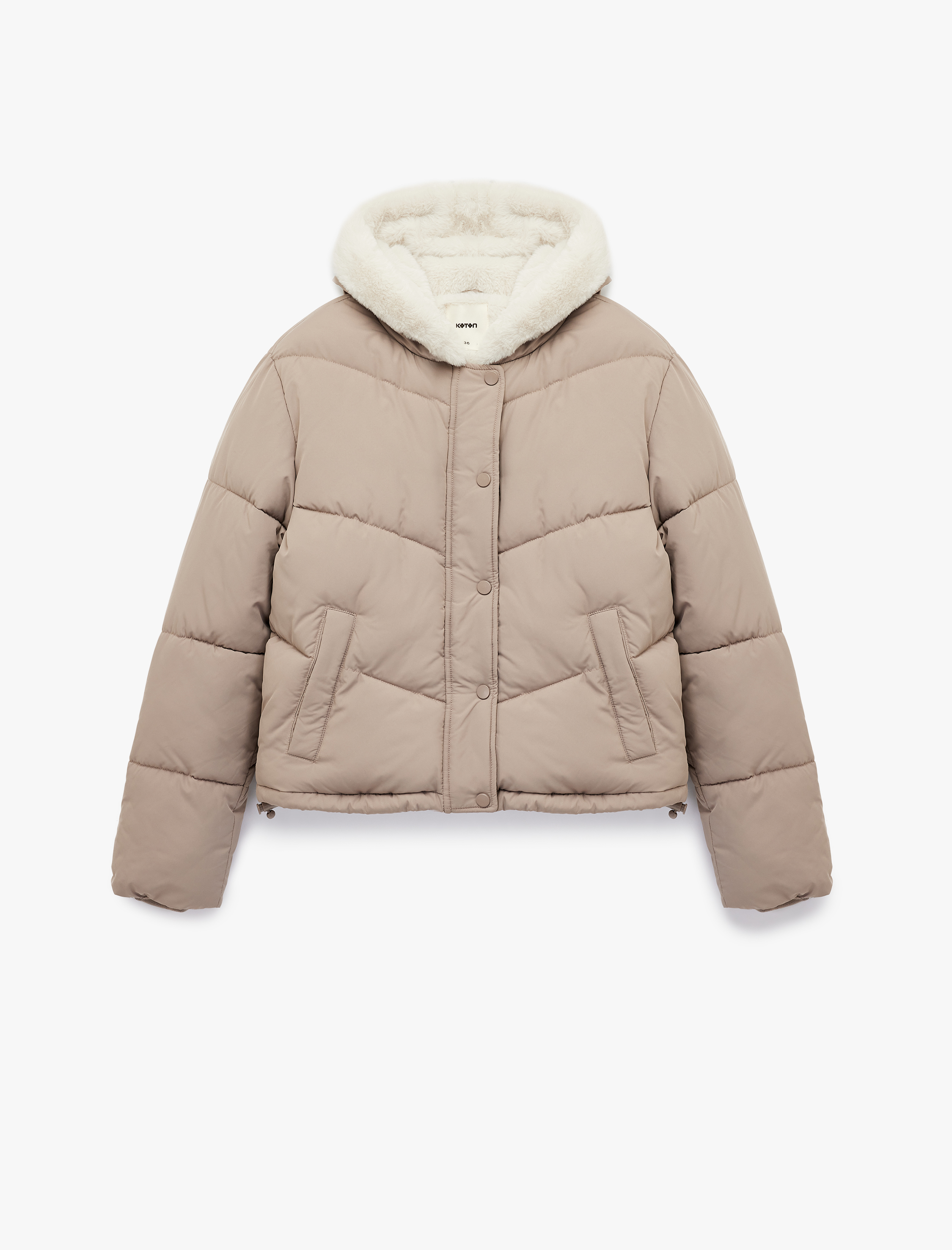   Uzun Kollu Cepli Düğmeli Su İtici Kapüşonlu İçi Suni Kürklü Kısa Şişme Mont