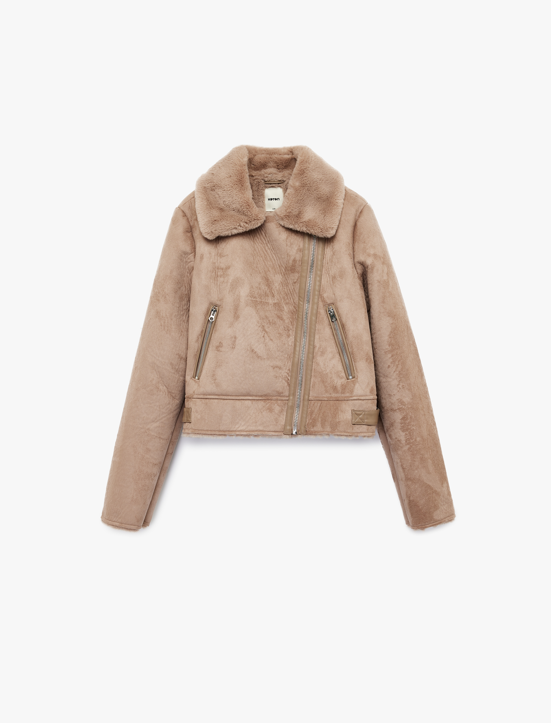   Kruvaze Yaka Uzun Kollu Fermuarlı Cepli Suni Kürk Yaka Crop Suni Süet Ceket