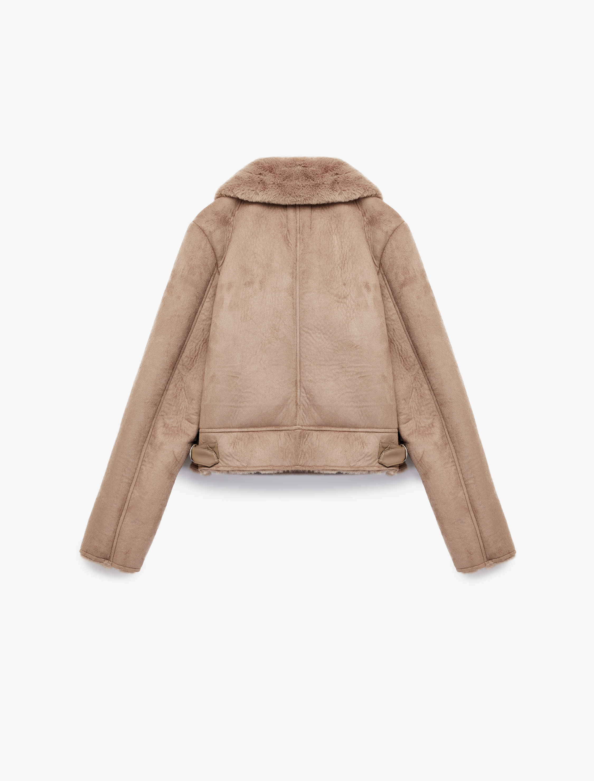   Kruvaze Yaka Uzun Kollu Fermuarlı Cepli Suni Kürk Yaka Crop Suni Süet Ceket