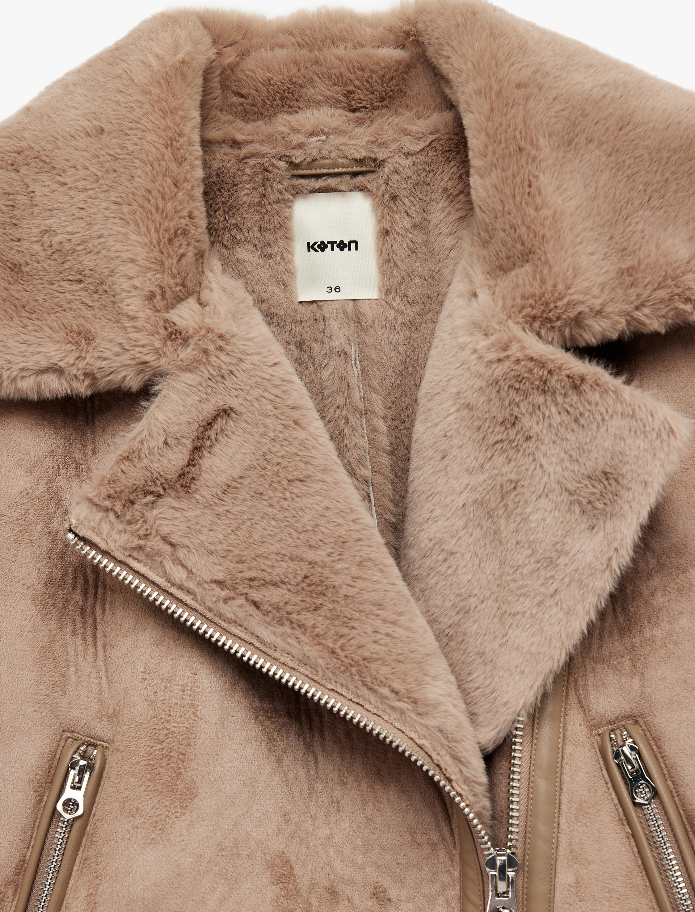   Kruvaze Yaka Uzun Kollu Fermuarlı Cepli Suni Kürk Yaka Crop Suni Süet Ceket