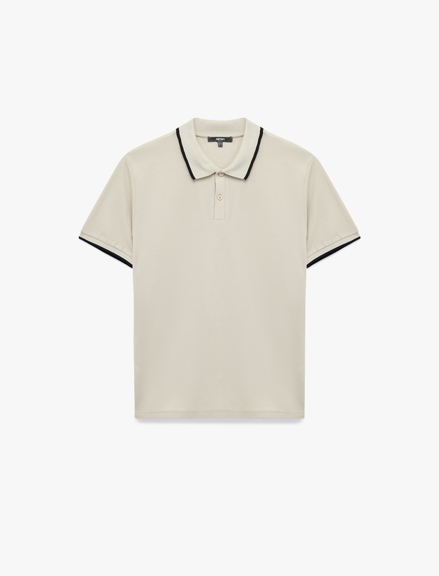 Kısa Kollu Şerit Detaylı Düğmeli Pike Kumaş Pamuklu Slim Fit Polo Yaka Tişört_2