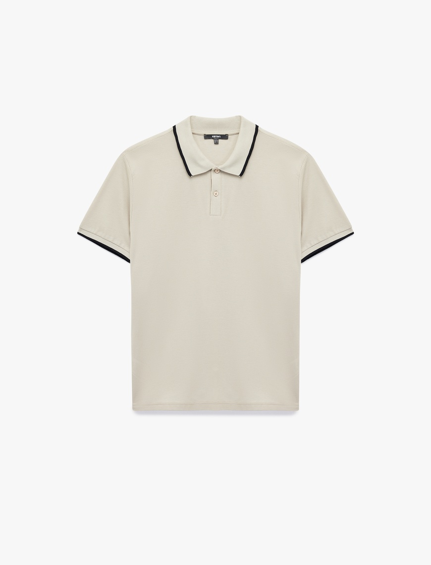   Kısa Kollu Şerit Detaylı Düğmeli Pike Kumaş Pamuklu Slim Fit Polo Yaka Tişört