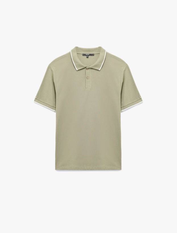 Kısa Kollu Şerit Detaylı Düğmeli Pike Kumaş Pamuklu Slim Fit Polo Yaka Tişört_2