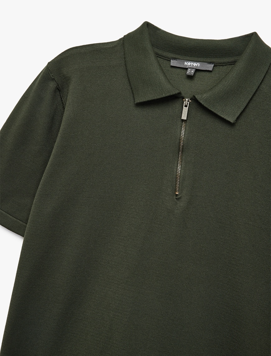   Viskon Regular Fit Polo Yaka Yarım Fermuarlı Kısa Kollu Triko Tişört