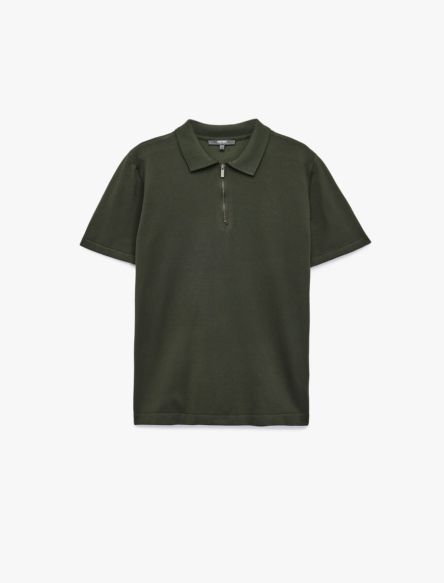   Viskon Regular Fit Polo Yaka Yarım Fermuarlı Kısa Kollu Triko Tişört