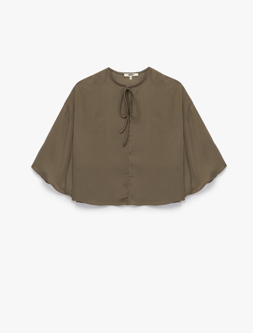  Yuvarlak Bağlamalı Yaka 3/4 Yarasa Kol Oversize Bluz