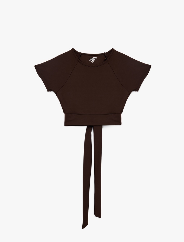  Slim Fit Kısa Kollu Bisiklet Yaka Crop Bağlama Detaylı Spor Tişört