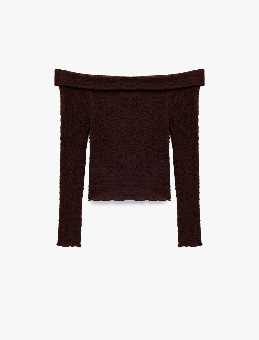   Slim Fit Dokulu Omzu Açık Uzun Kollu Tişört