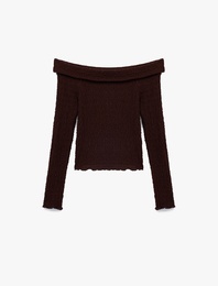 Slim Fit Dokulu Omzu Açık Uzun Kollu Tişört