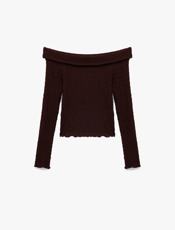  Slim Fit Dokulu Omzu Açık Uzun Kollu Tişört
