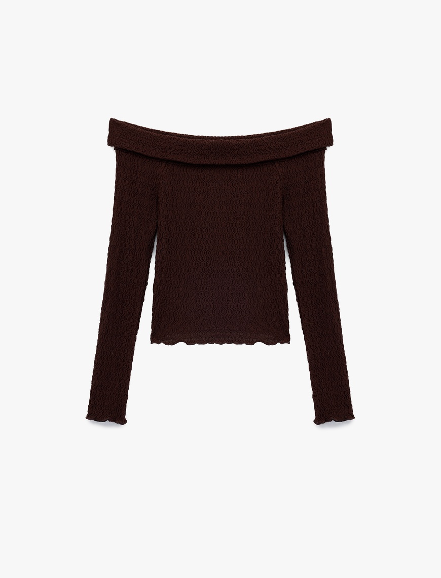   Slim Fit Dokulu Omzu Açık Uzun Kollu Tişört