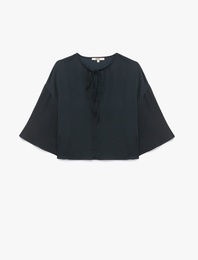 Yuvarlak Bağlamalı Yaka 3/4 Yarasa Kol Oversize Bluz