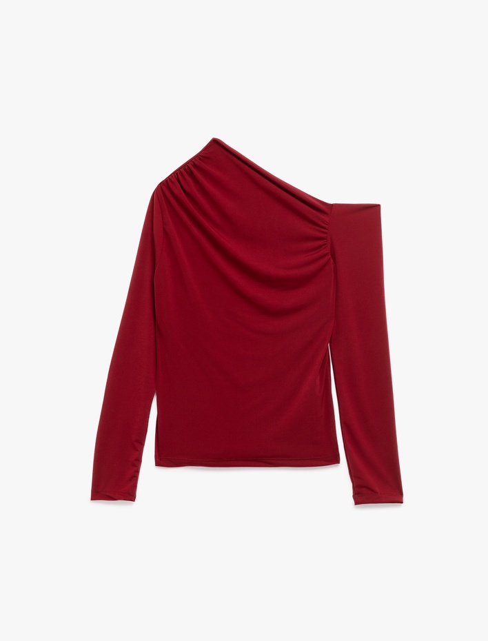  Slim Fit Drape Detaylı Uzun Kollu Asimetrik Tek Omuz Tişört