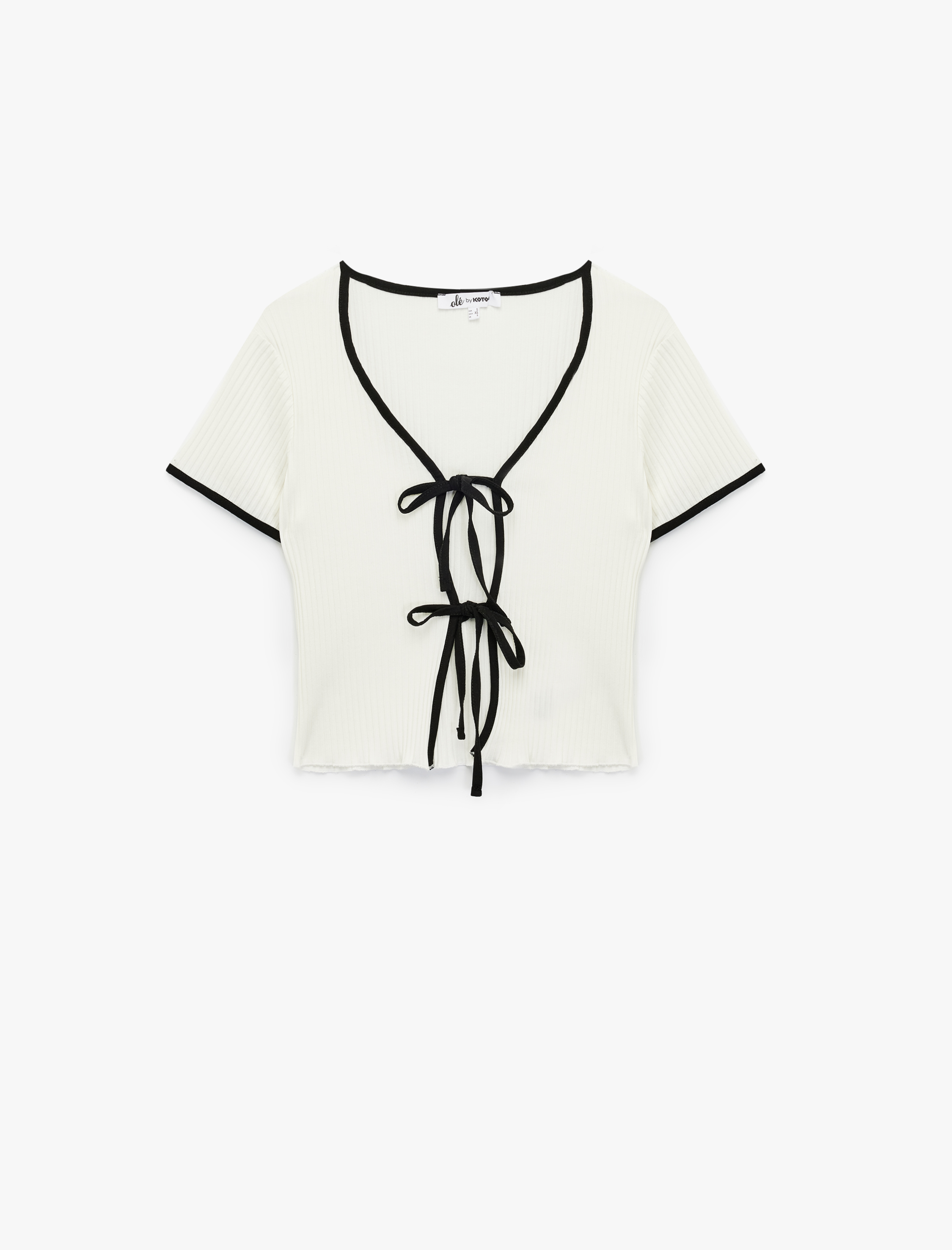   Pamuklu Kısa Kollu Bağlama Detaylı Fiyonklu Tişört