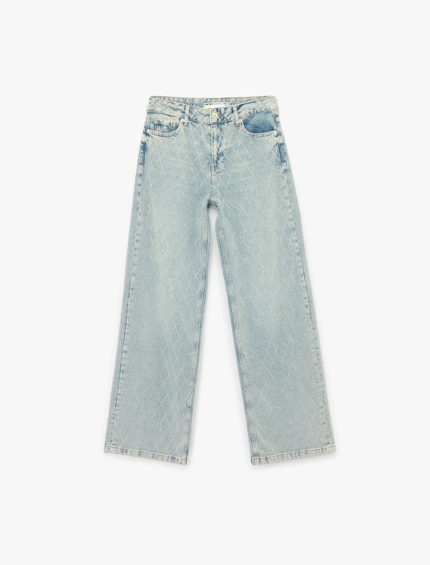 Normal Bel Geniş Paça Taş Detaylı Pamuklu Jean Pantolon - Wide Leg Jeans_3