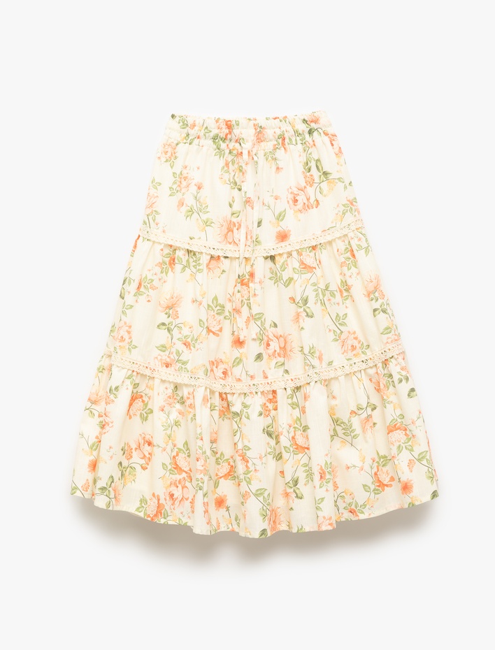 Kız Çocuk Pamuklu Beli Lastikli Çiçek Desenli Etek