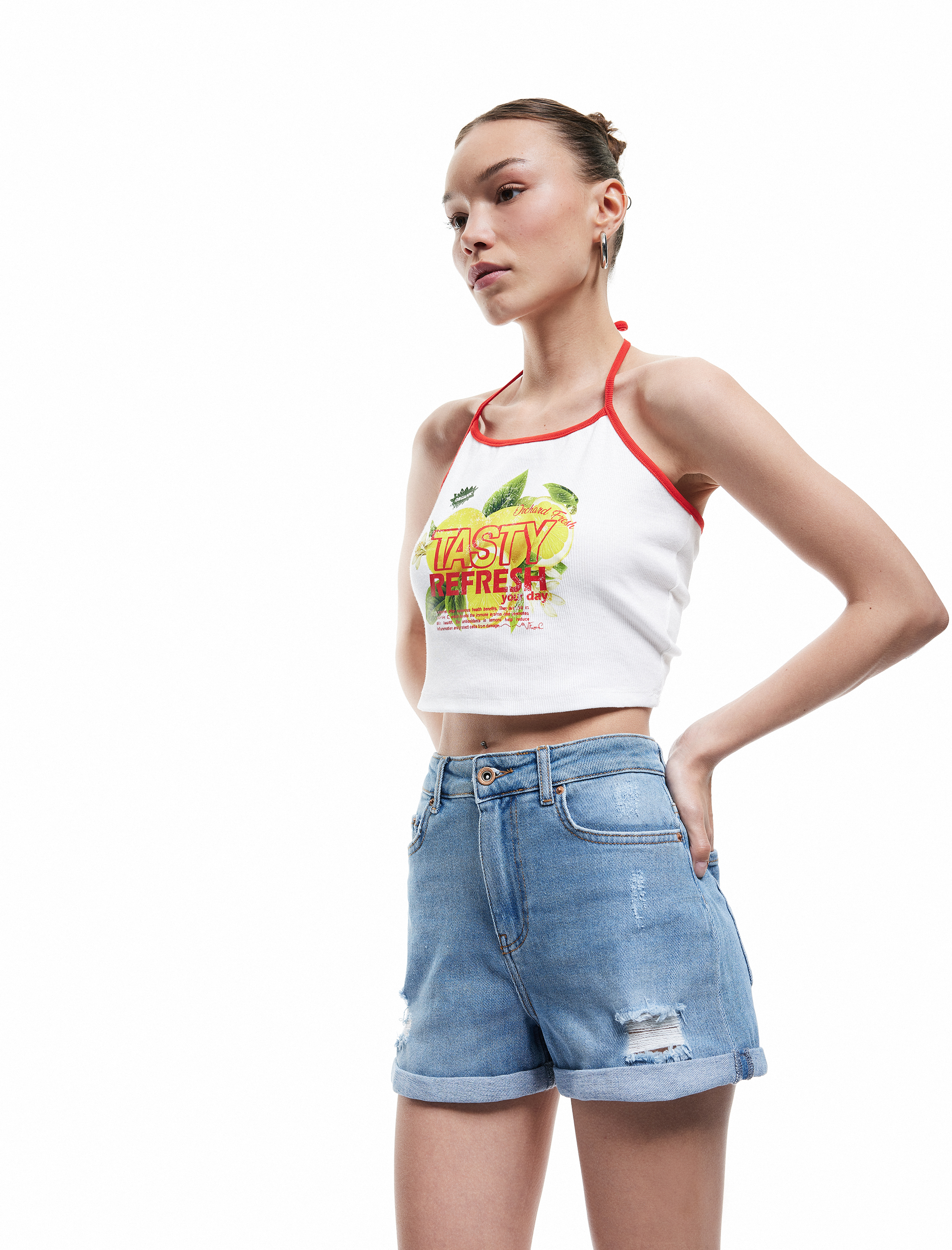   Mini Kot Şort Yüksek Bel Skinny Fit Yıpratılmış Cepli