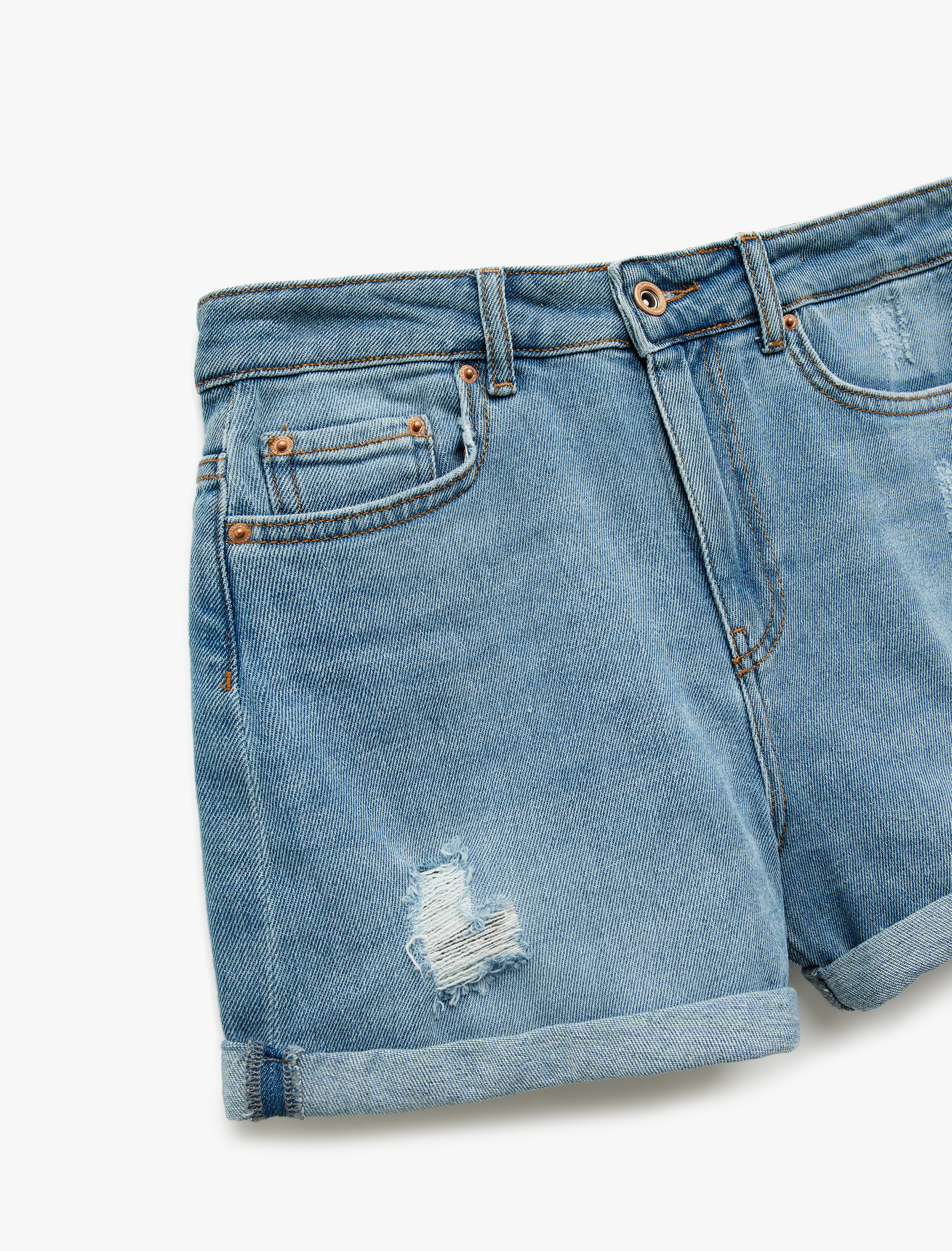   Mini Kot Şort Yüksek Bel Skinny Fit Yıpratılmış Cepli