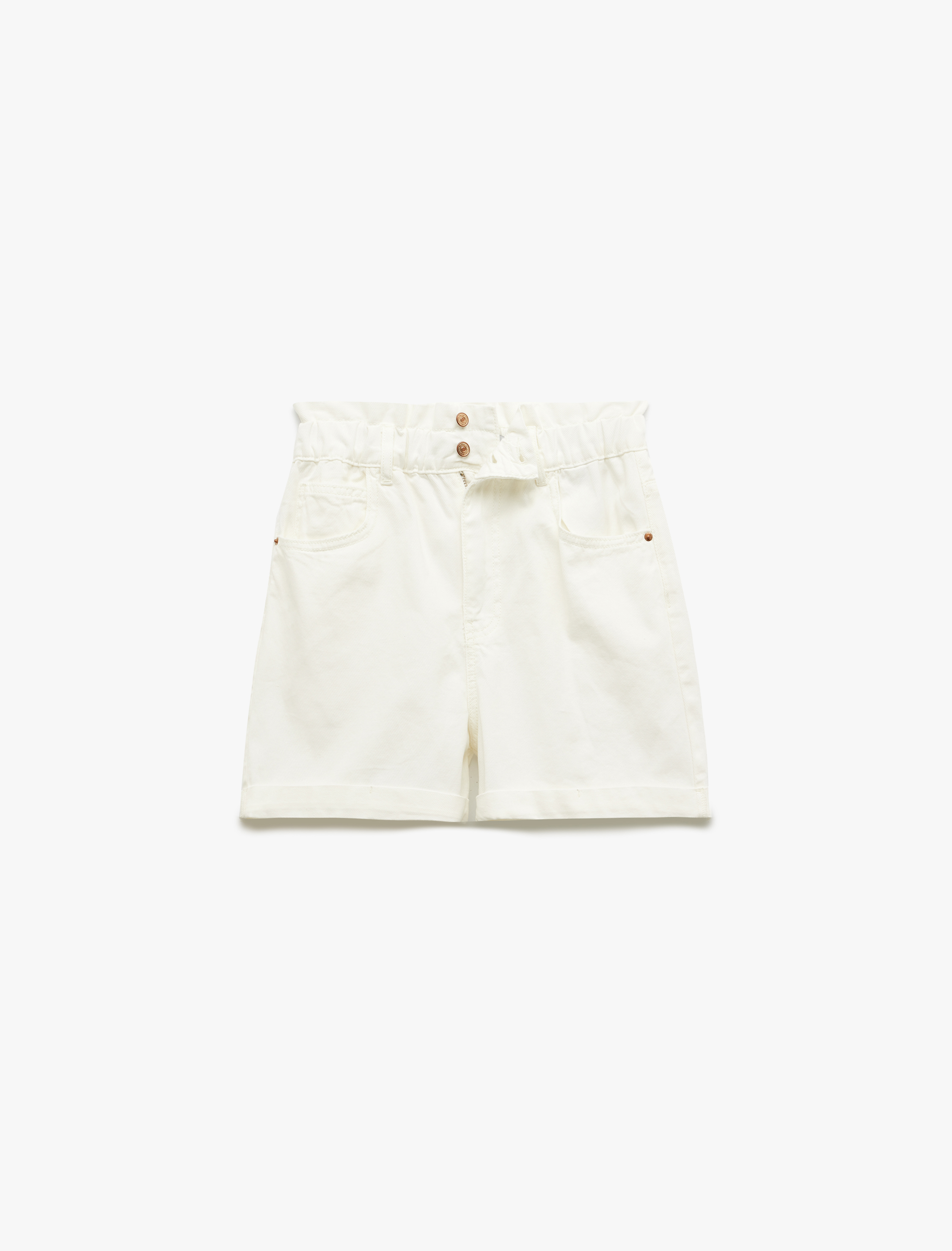   Yüksek Bel Şort Düğmeli Beli Lastikli Cepli Paçası Katlı Rahat Kalıp