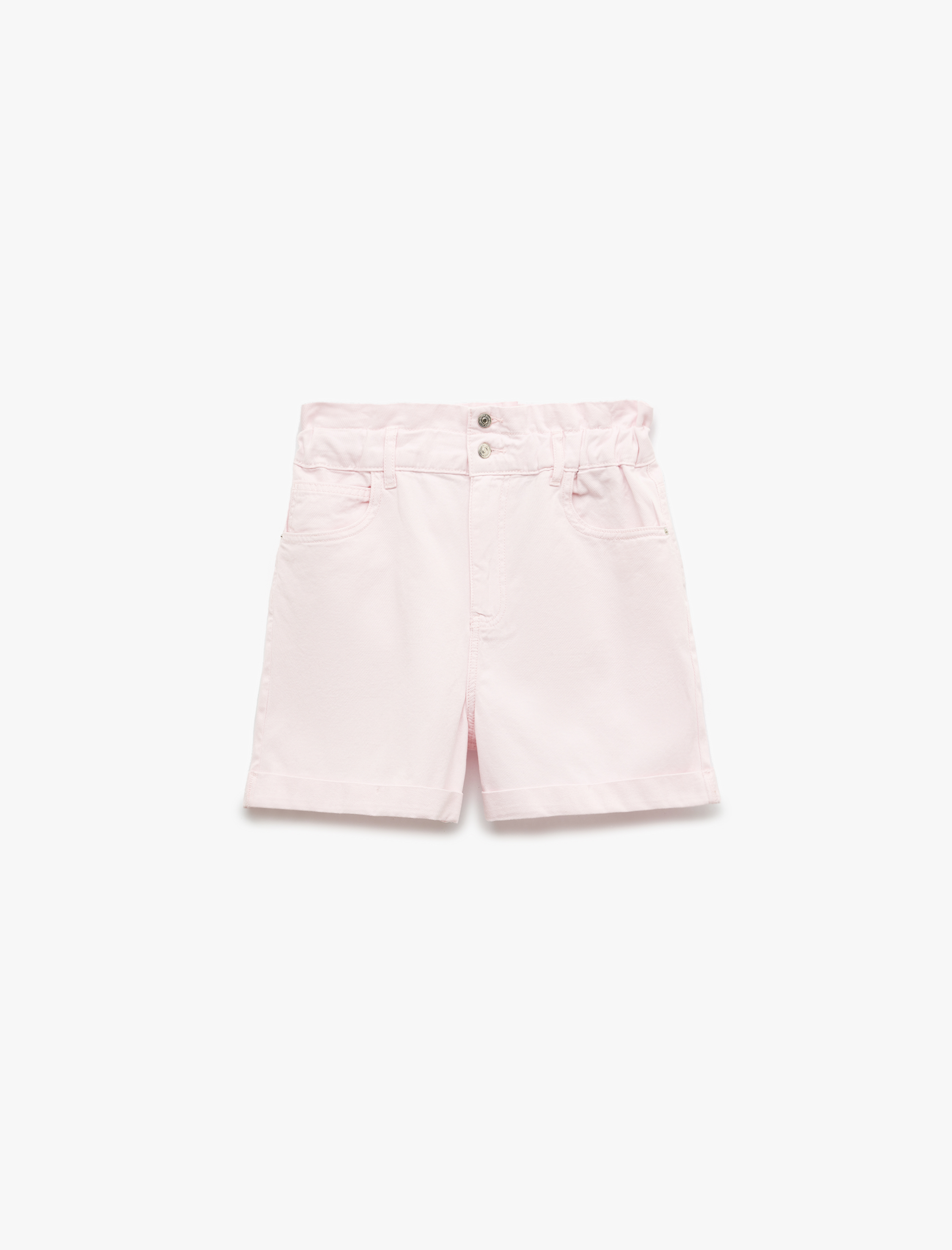   Yüksek Bel Şort Düğmeli Beli Lastikli Cepli Paçası Katlı Rahat Kalıp