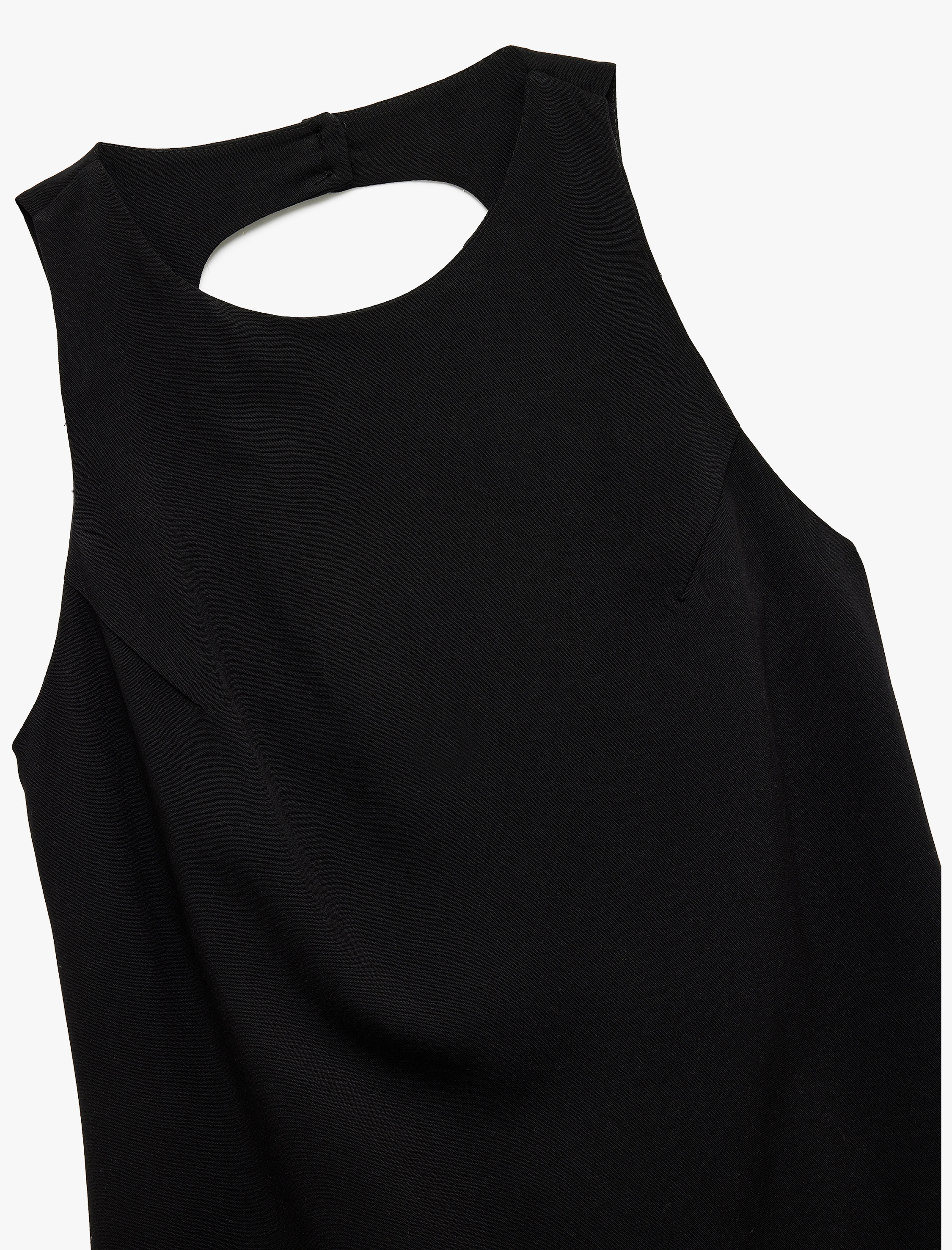   Viskon Keten Karışımlı Arkası Pencere Detaylı Kolsuz Bisiklet Yaka Mini Elbise