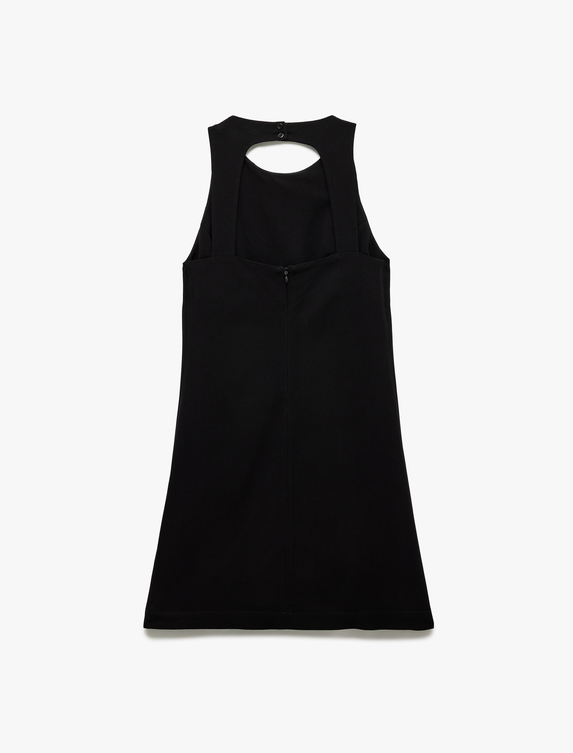   Viskon Keten Karışımlı Arkası Pencere Detaylı Kolsuz Bisiklet Yaka Mini Elbise