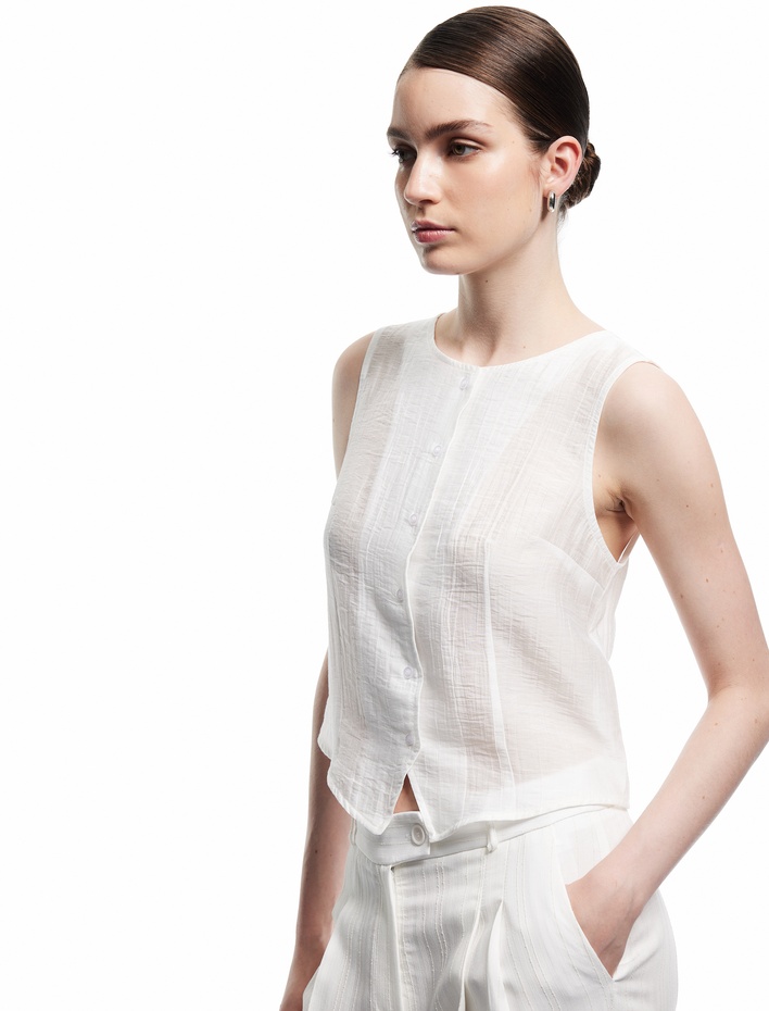  Bisiklet Yaka Düğmeli Kolsuz Bluz