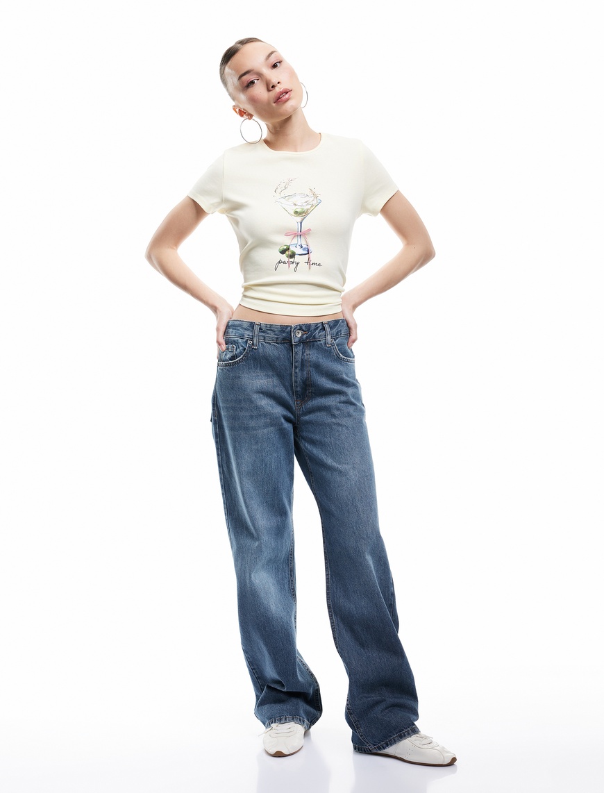   Normal Bel Straight Fit Düğmeli Pamuklu Düz Paça Jean Pantolon - Straight Fit Jean
