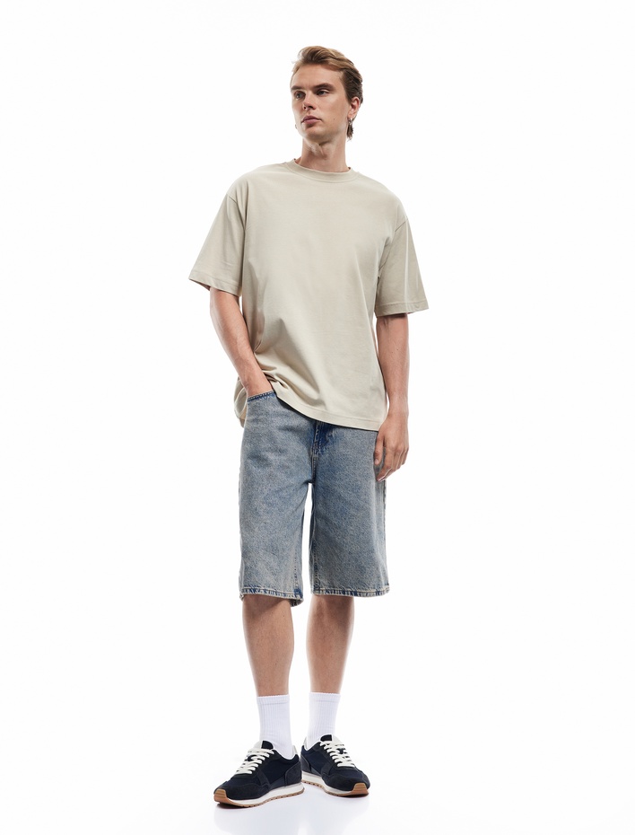  Kısa Kollu Bisiklet Yaka Pamuklu Basic Oversize Tişört