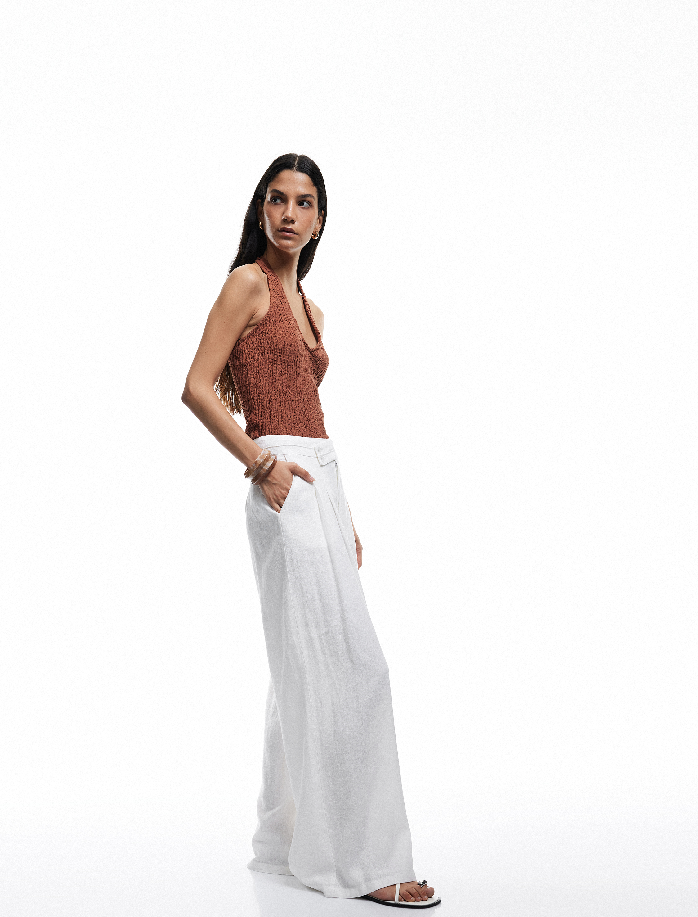   Rahat Kalıp Cepli Pile Detaylı Geniş Paça Keten Pantolon