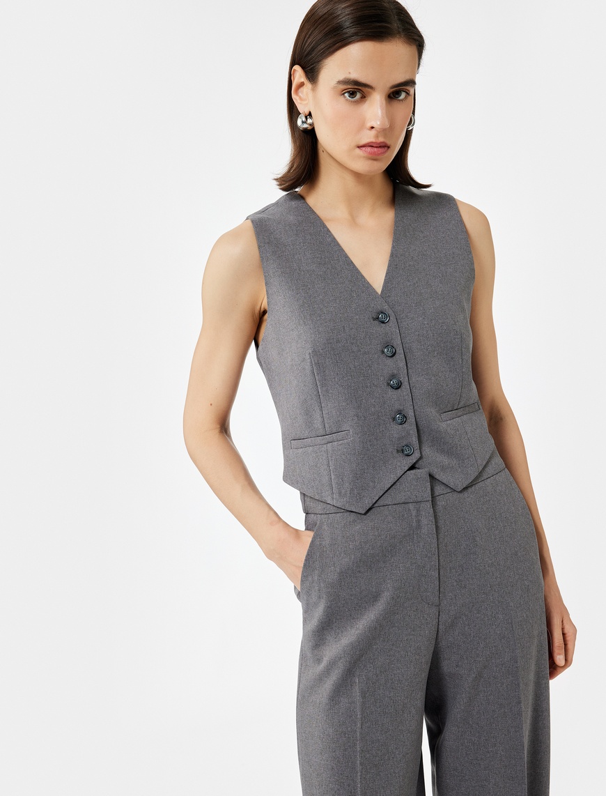   V Yaka Düğmeli Blazer Yelek