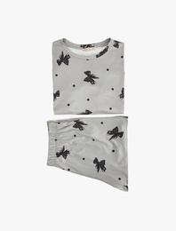Kısa Kollu Bisiklet Yaka Fiyonk Baskılı Şortlu Pijama Takımı