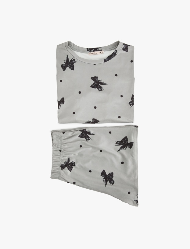 Kısa Kollu Bisiklet Yaka Fiyonk Baskılı Şortlu Pijama Takımı_2